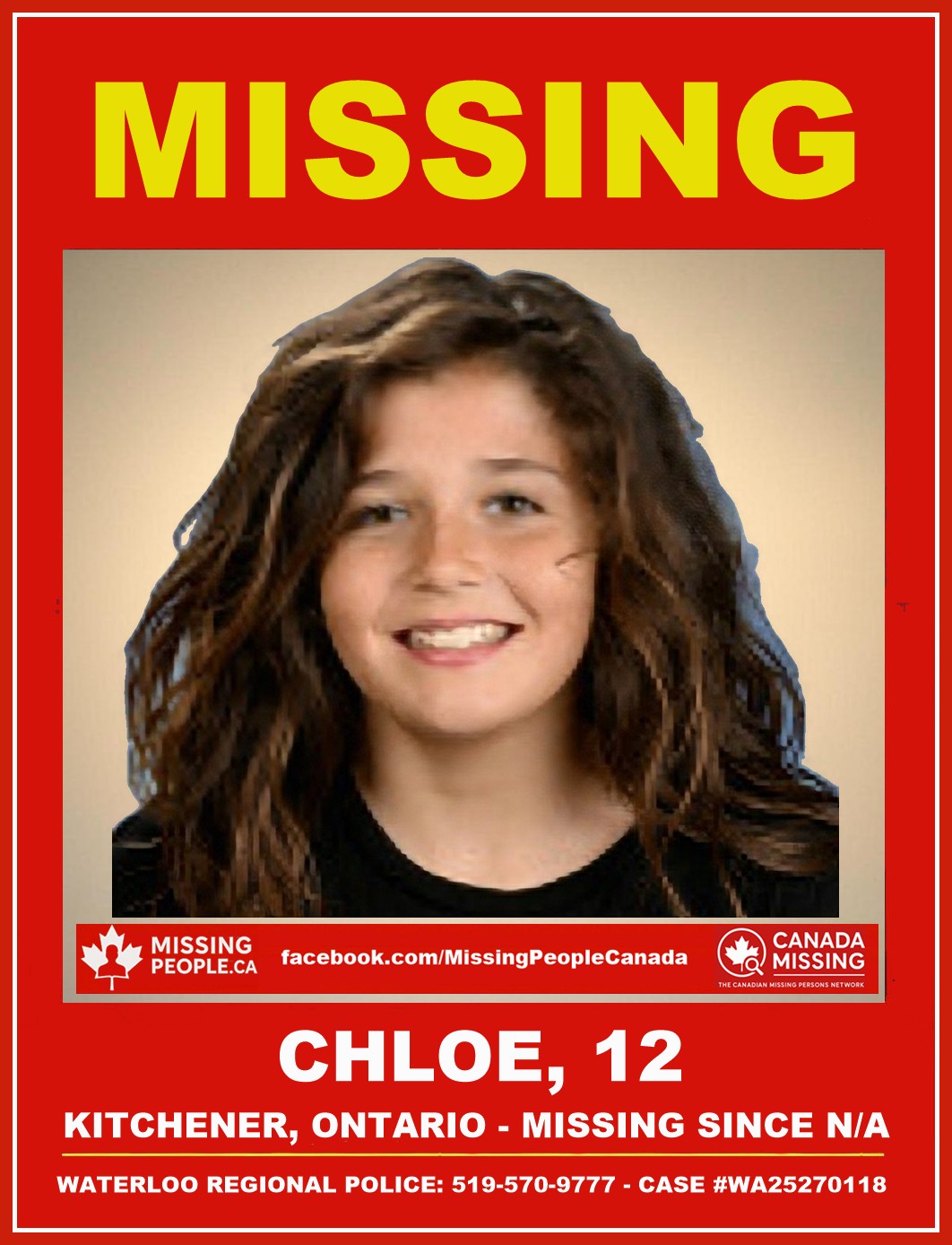Photo of missing 12-year-old girl Chloe from Kitchener, Ontario.