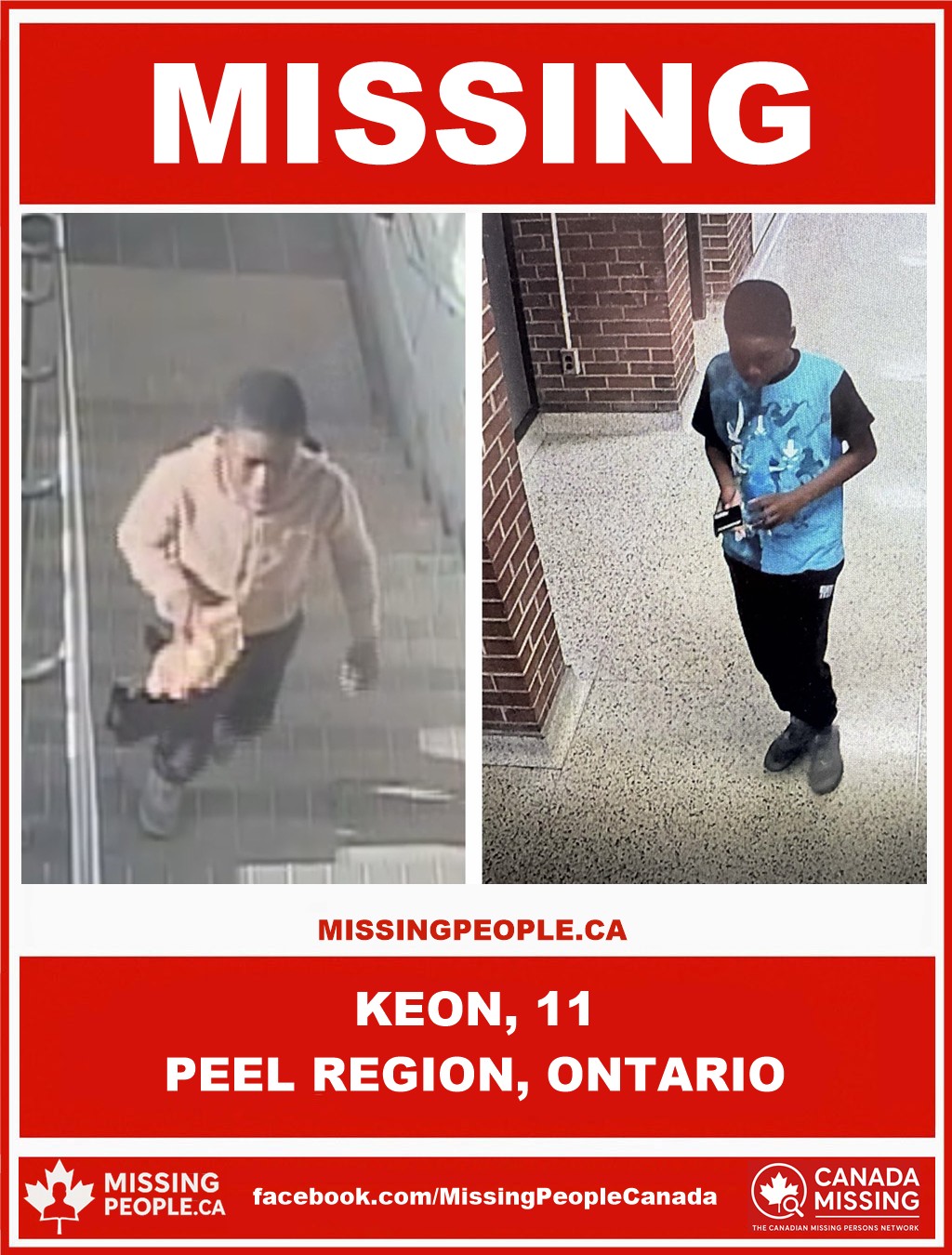 Photo of missing child Keon, age 11, from Peel Region, Ontario.