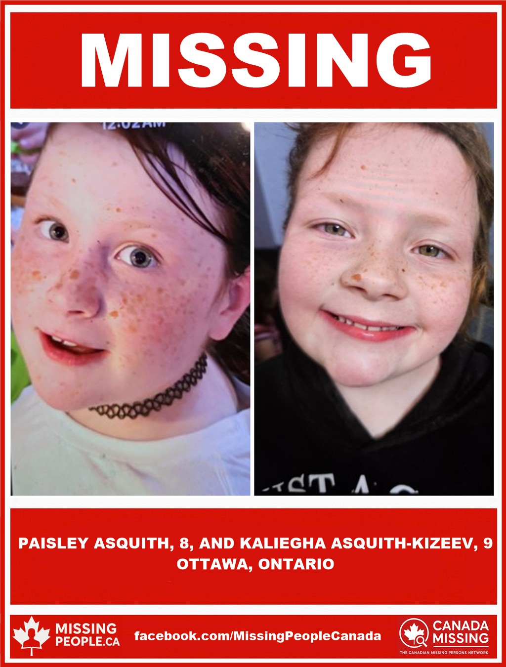 Photos of missing sisters Paisley Asquith, age 8, and Kaliegha Asquith-Kizeev, age 9, from Ottawa, Ontario.