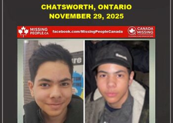 Photo of missing 15-year-old boy Theo Broser, slim build, black hair, wearing black bomber jacket and cap, from Chatsworth, Ontario.