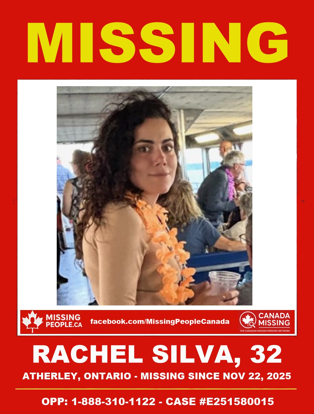 Photo of missing woman Rachel Silva, age 32, curly dark brown hair, from Atherley, Ontario.