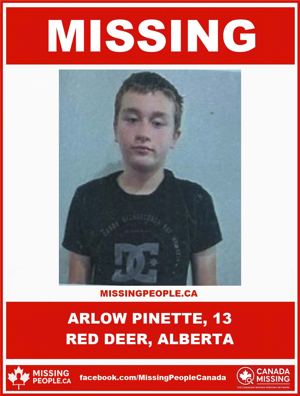 Photo of missing boy Arlow Pinette, age 13, from Red Deer, Alberta.