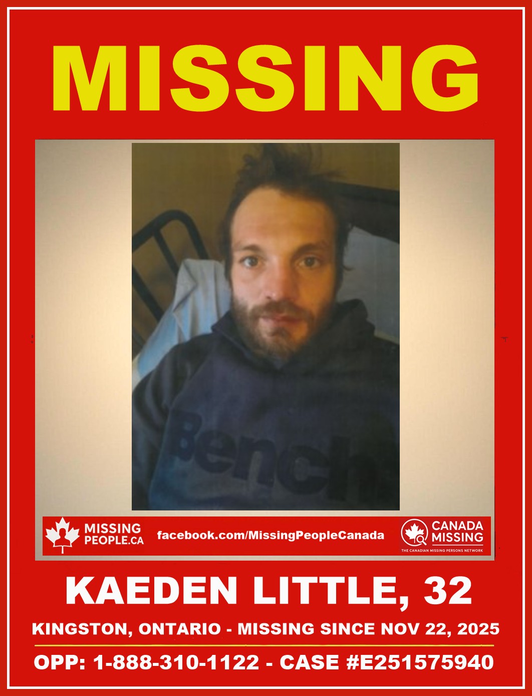 Photo of missing man Kaeden Little, 32, wavy brown hair, slim build, from Kingston, Ontario.
