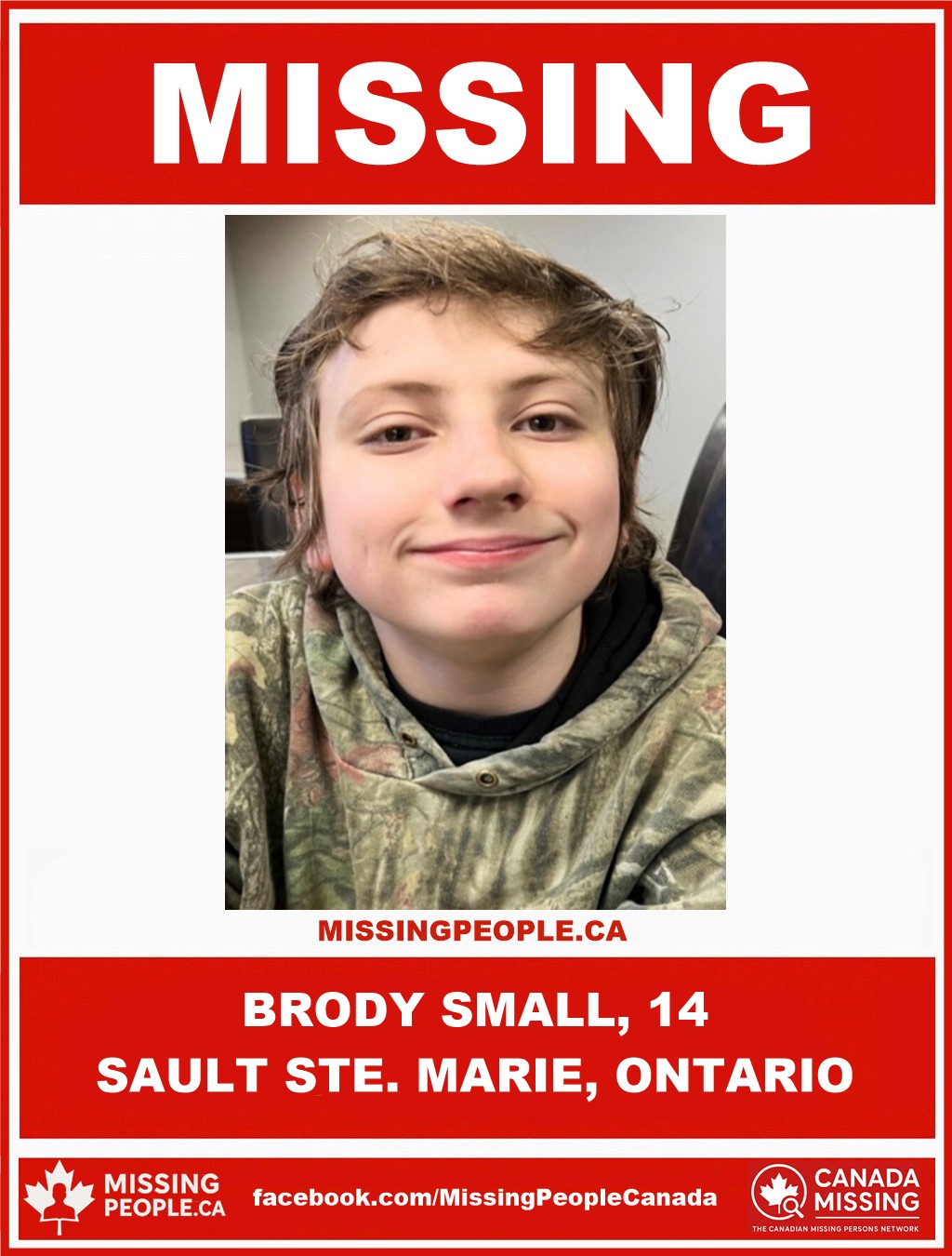 Photo of missing boy Brody Small, age 14, from Sault Ste. Marie, Ontario.