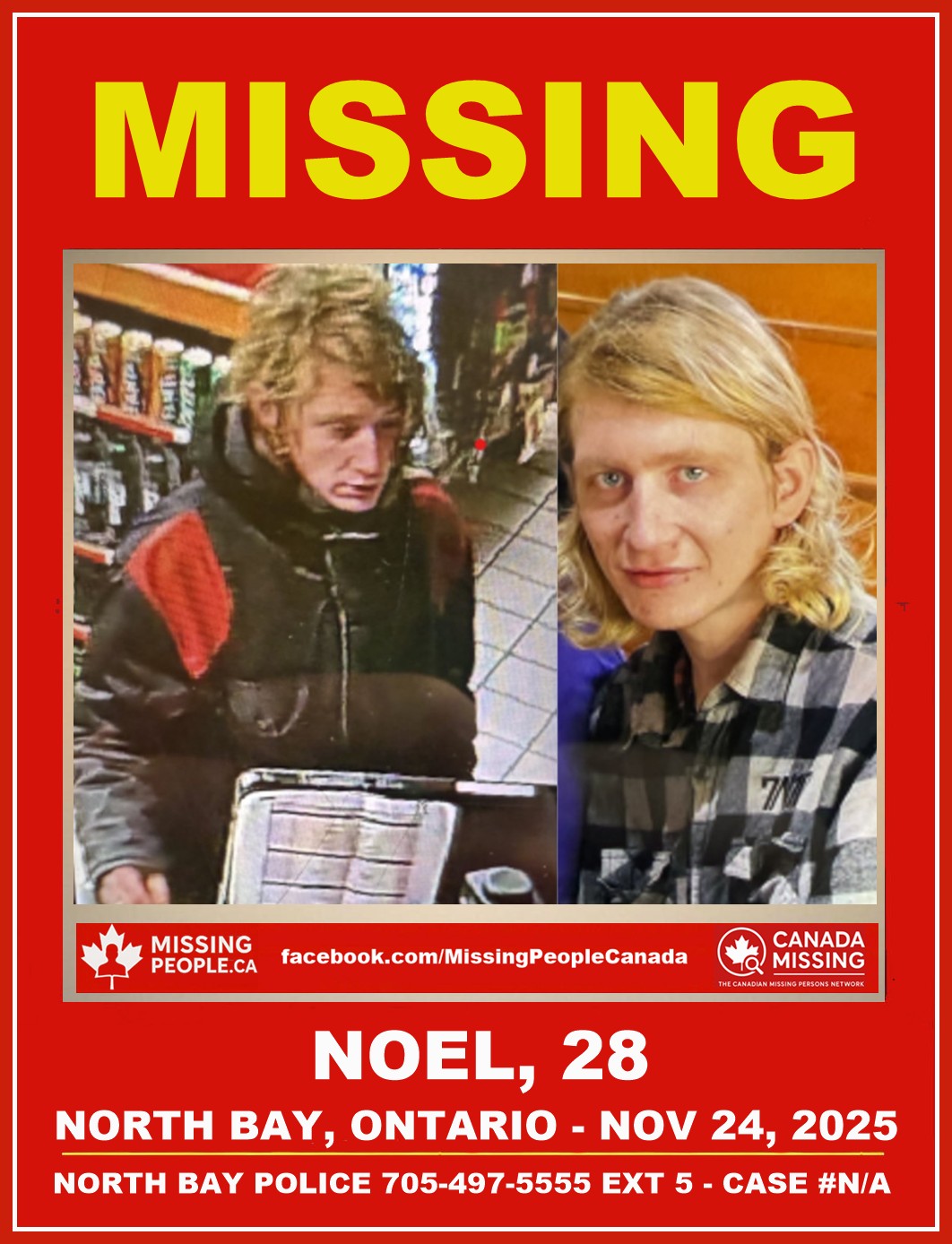 Photo of missing man Noel, age 28, shoulder-length blonde hair, wearing black winter jacket with red patches, from North Bay, Ontario.