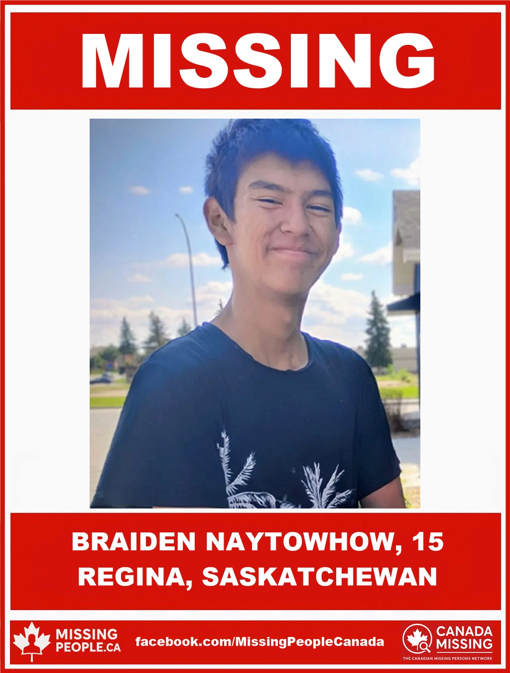 Photo of missing boy Braiden Naytowhow, age 15, from Regina, Saskatchewan.