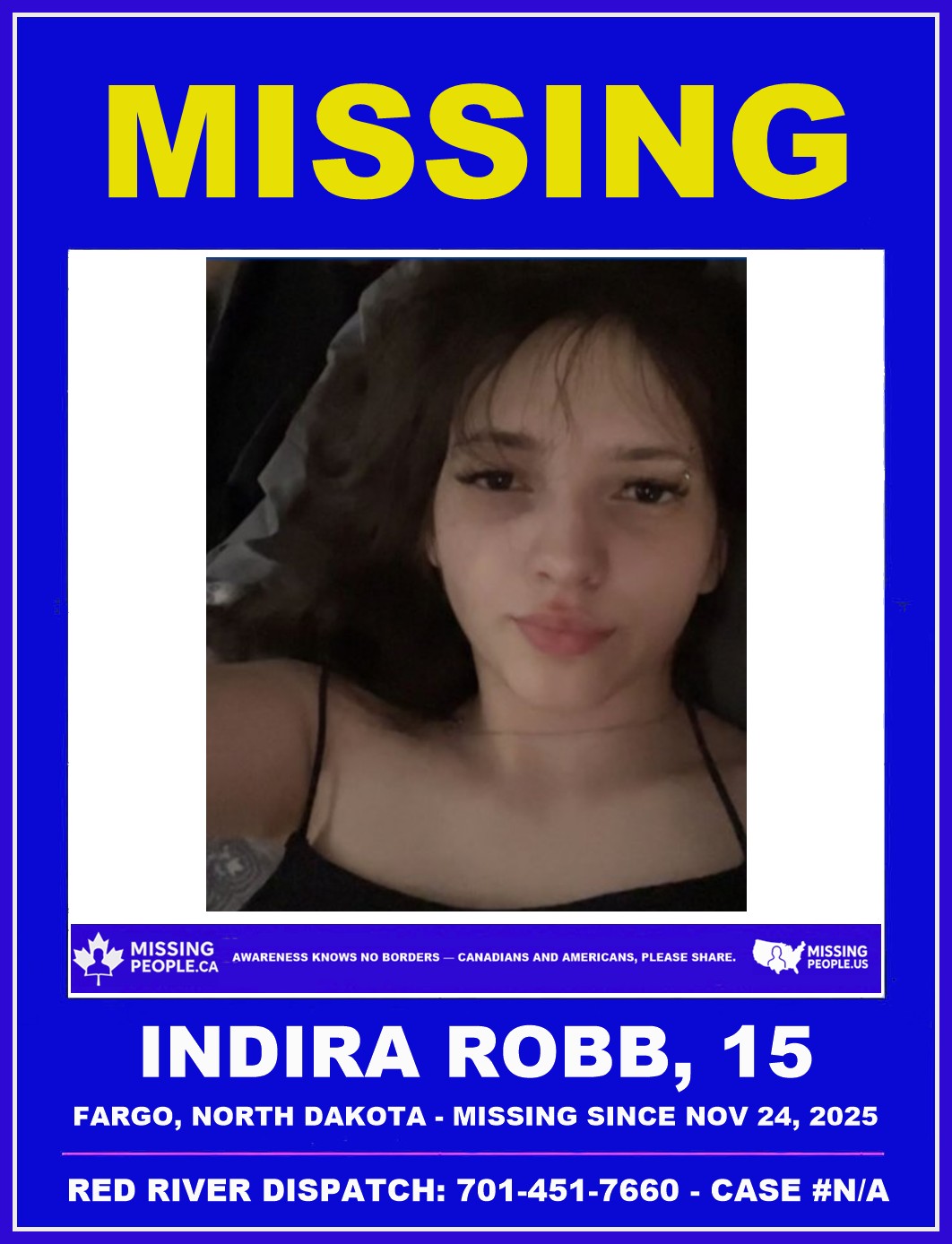 Photo of missing 15-year-old girl Indira Robb from Fargo, North Dakota.
