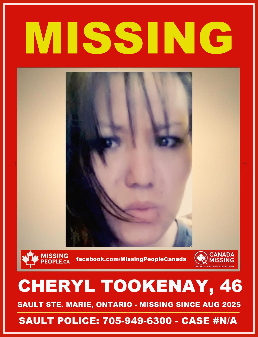 Photo of missing woman Cheryl Tookenay, age 46, from Sault Ste. Marie, Ontario.