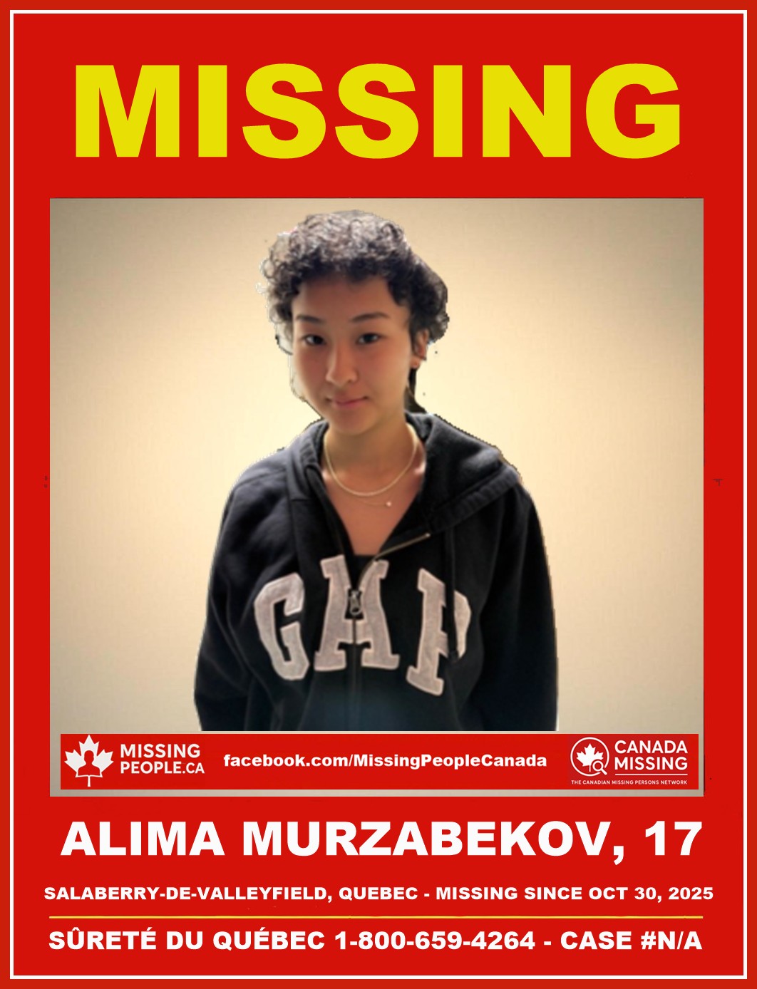Photo of missing 17-year-old girl Alima Murzabekov from Salaberry-de-Valleyfield, Quebec.