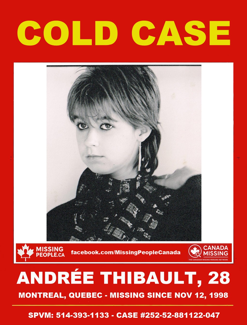 Photo of missing woman Andrée Thibault, 28, black hair, brown eyes, from Montreal, last seen 1988.