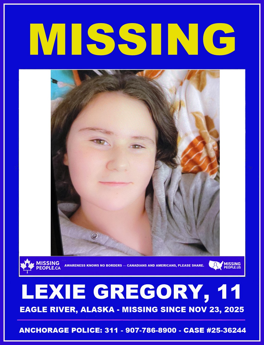 Photo of missing 11-year-old girl Lexie Gregory from Eagle River, Alaska.