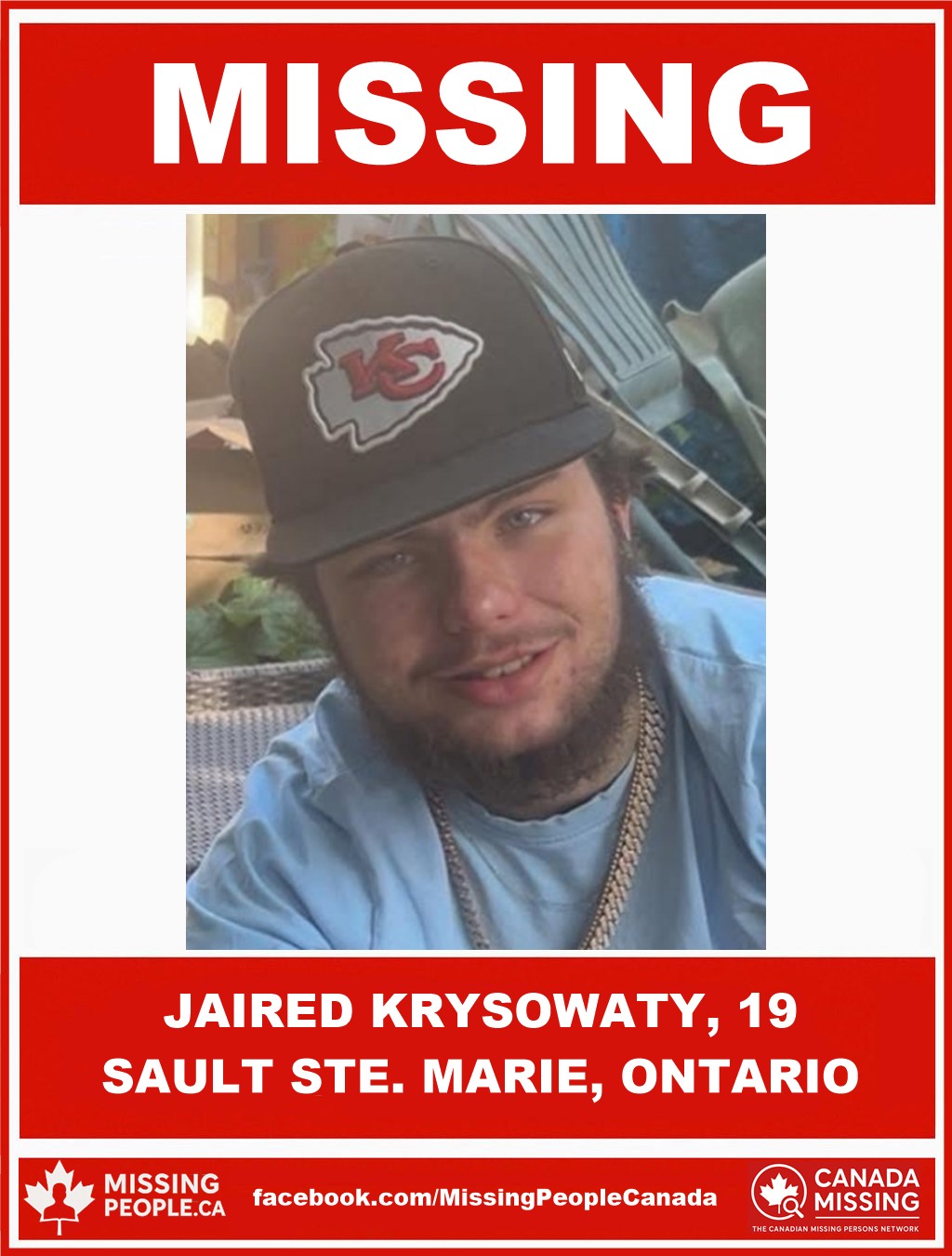 Photo of missing man Jaired Krysowaty, age 19, from Winnipeg, Manitoba, last seen in Sault Ste. Marie, Ontario.
