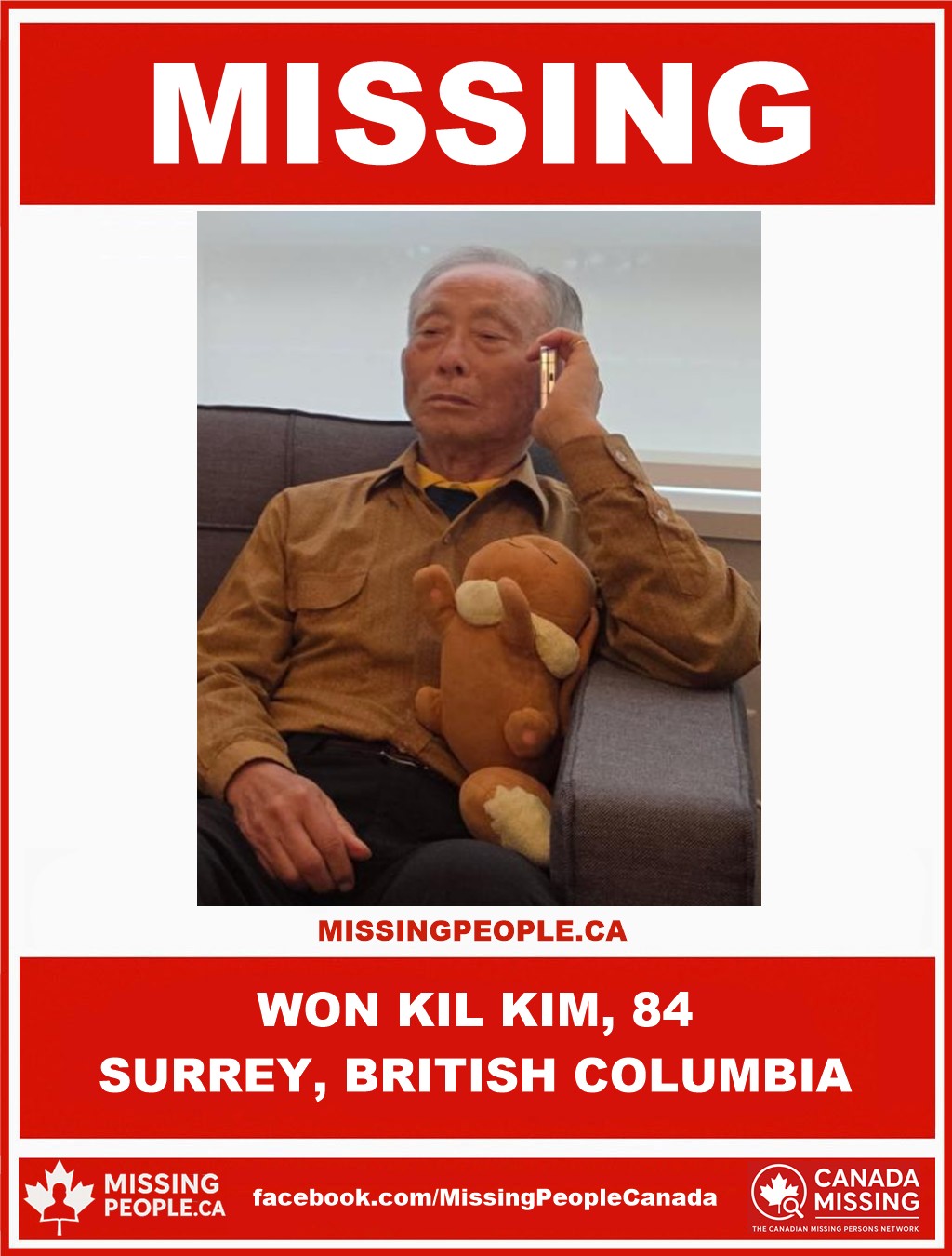 Photo of missing person Won Kil Kim, age 84, from Surrey, British Columbia.