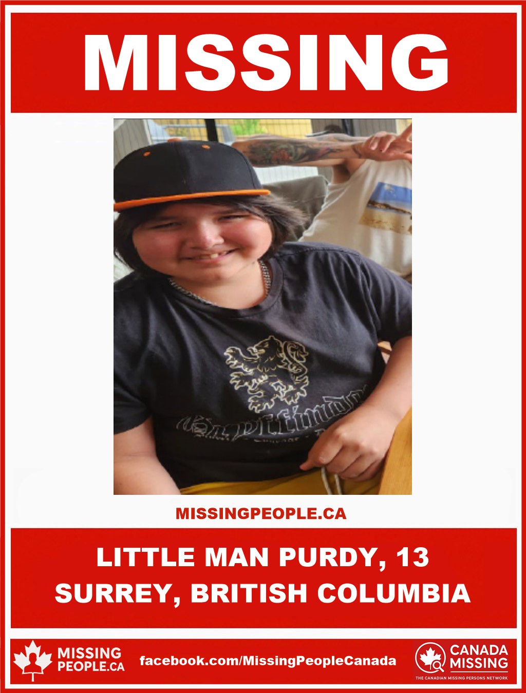 Photo of missing boy Little Man Purdy, age 13, from Surrey, British Columbia.