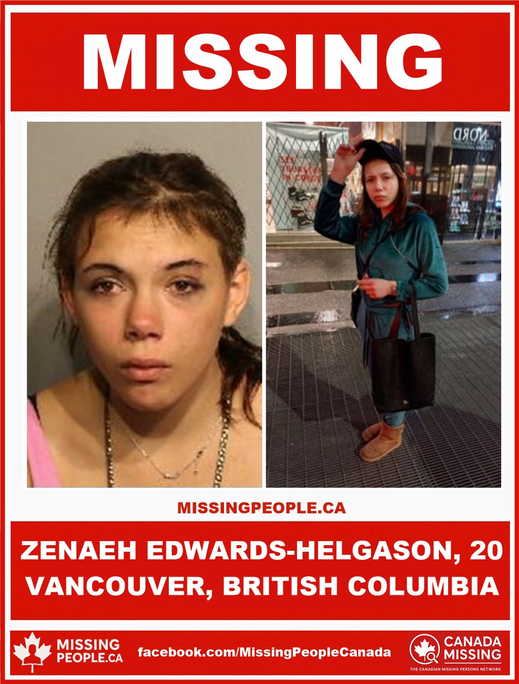 Photo of missing woman Zenaeh Edwards-Helgason, 20, from Vancouver, British Columbia.