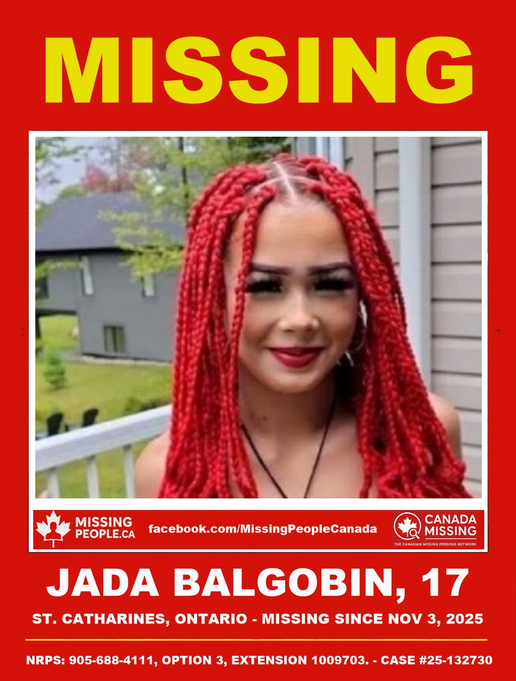 Photo of missing 17-year-old girl Jada Balgobin from St. Catharines, Ontario.