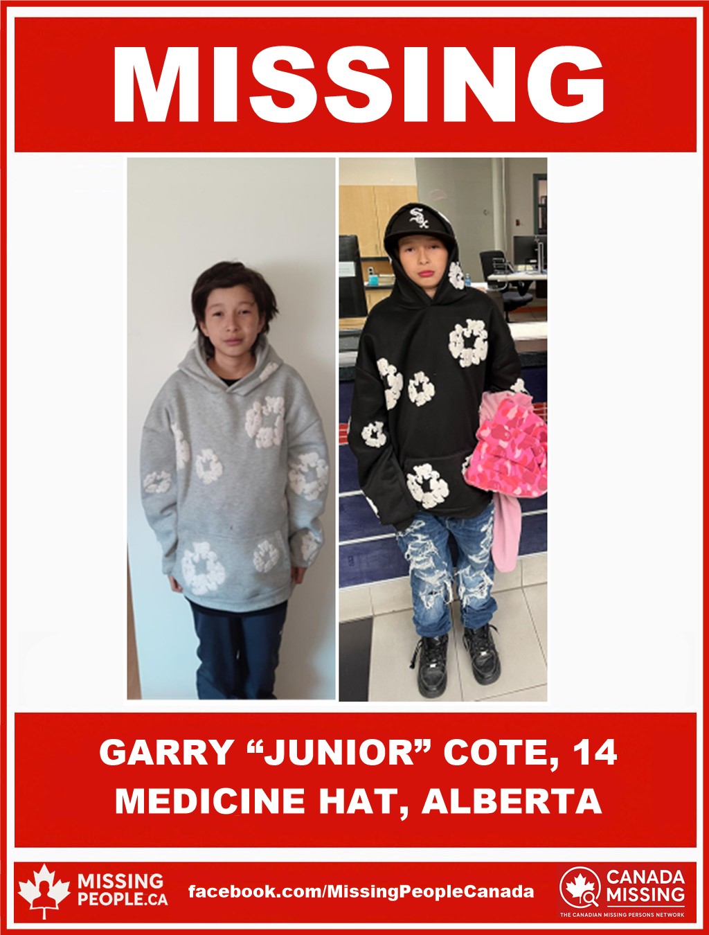 Photo of missing boy Garry “Junior” Cote, age 14, from Medicine Hat, Alberta.