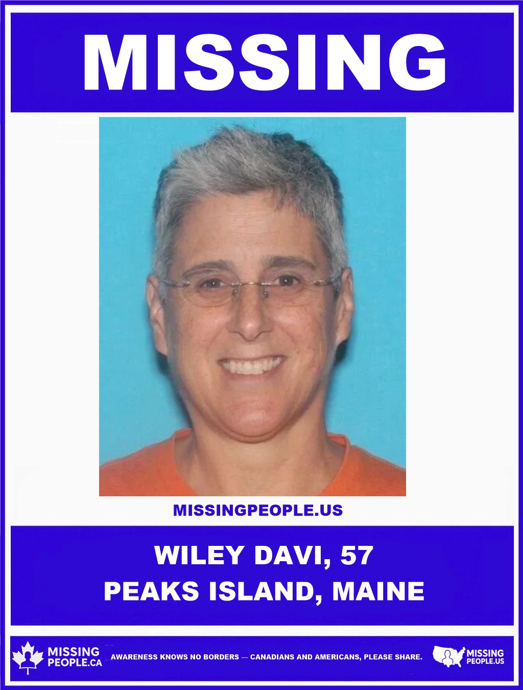 Photo of missing professor Wiley Davi, 57, gray hair, from Peaks Island, Maine.