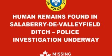 Police investigation area where a woman’s remains were found in a ditch in Salaberry-de-Valleyfield.