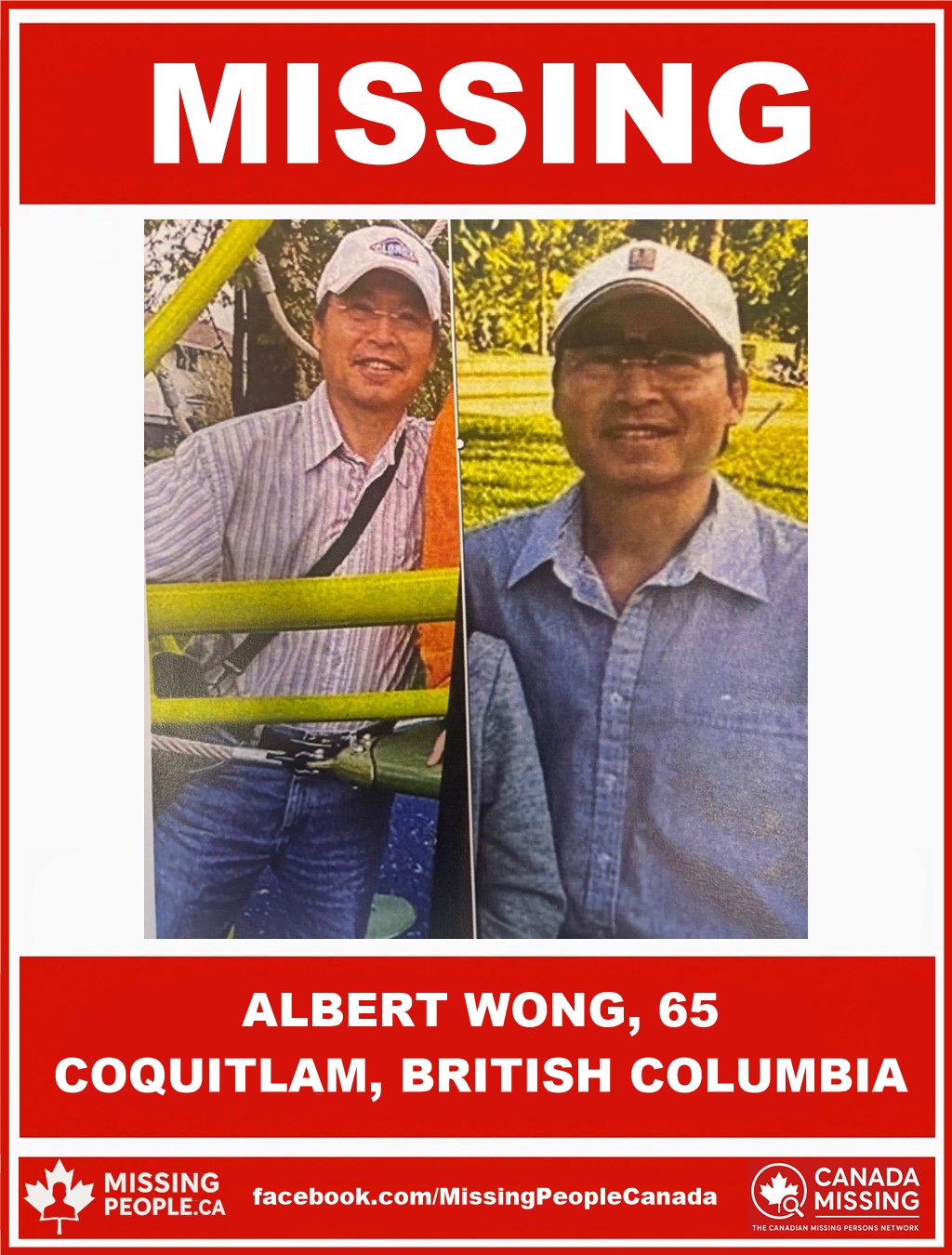 Photo of missing man Albert Wong, age 65, from Coquitlam, British Columbia.