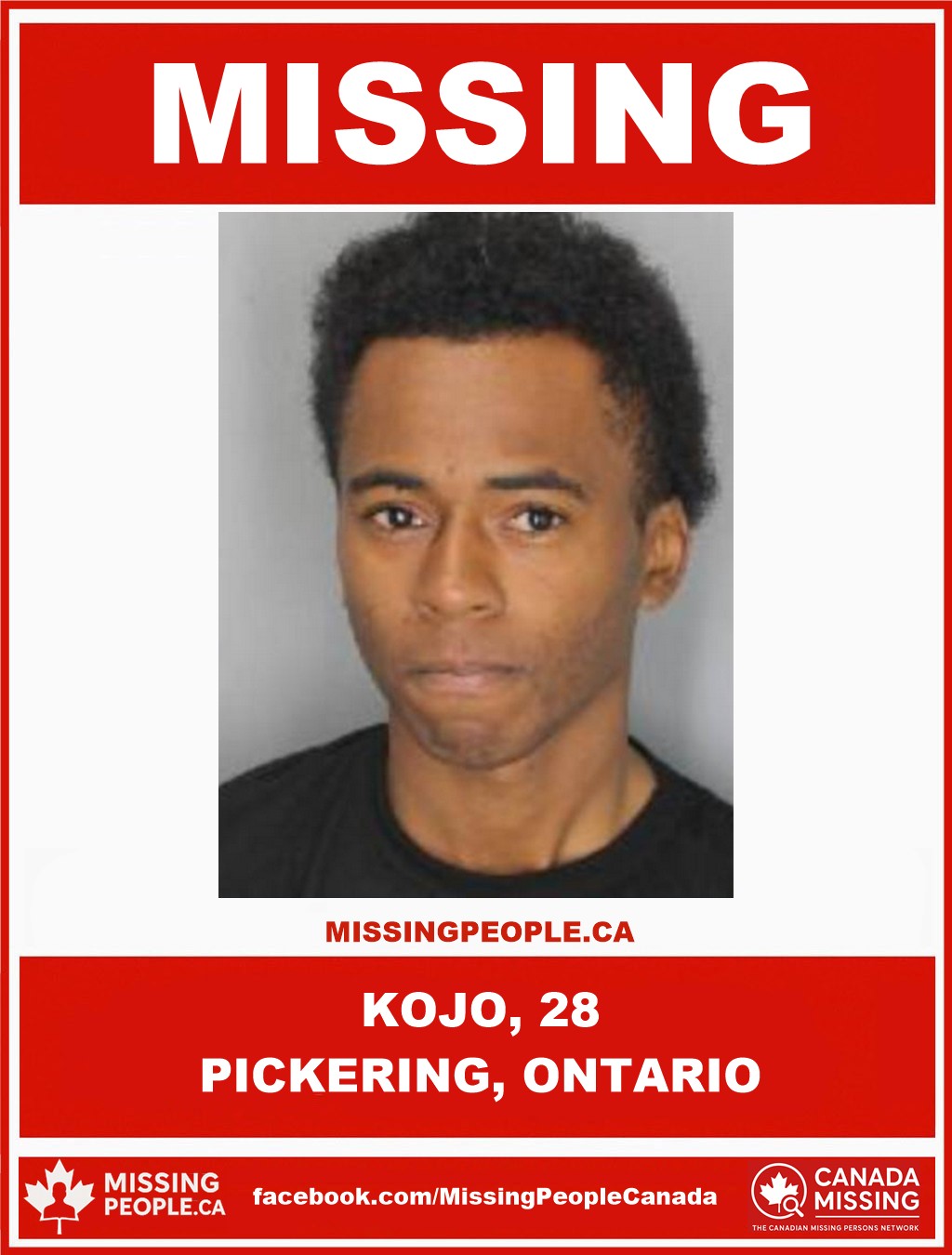 Photo of missing man Kojo, 28, from Pickering, Ontario.