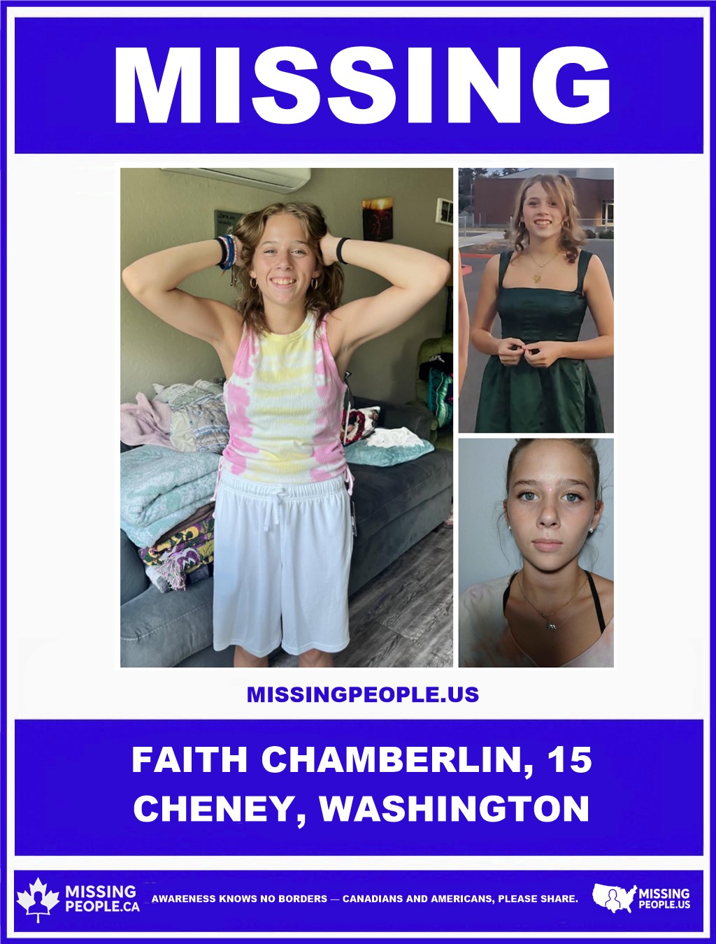 Photo of missing girl Faith Chamberlin, 15, from Cheney, Washington.