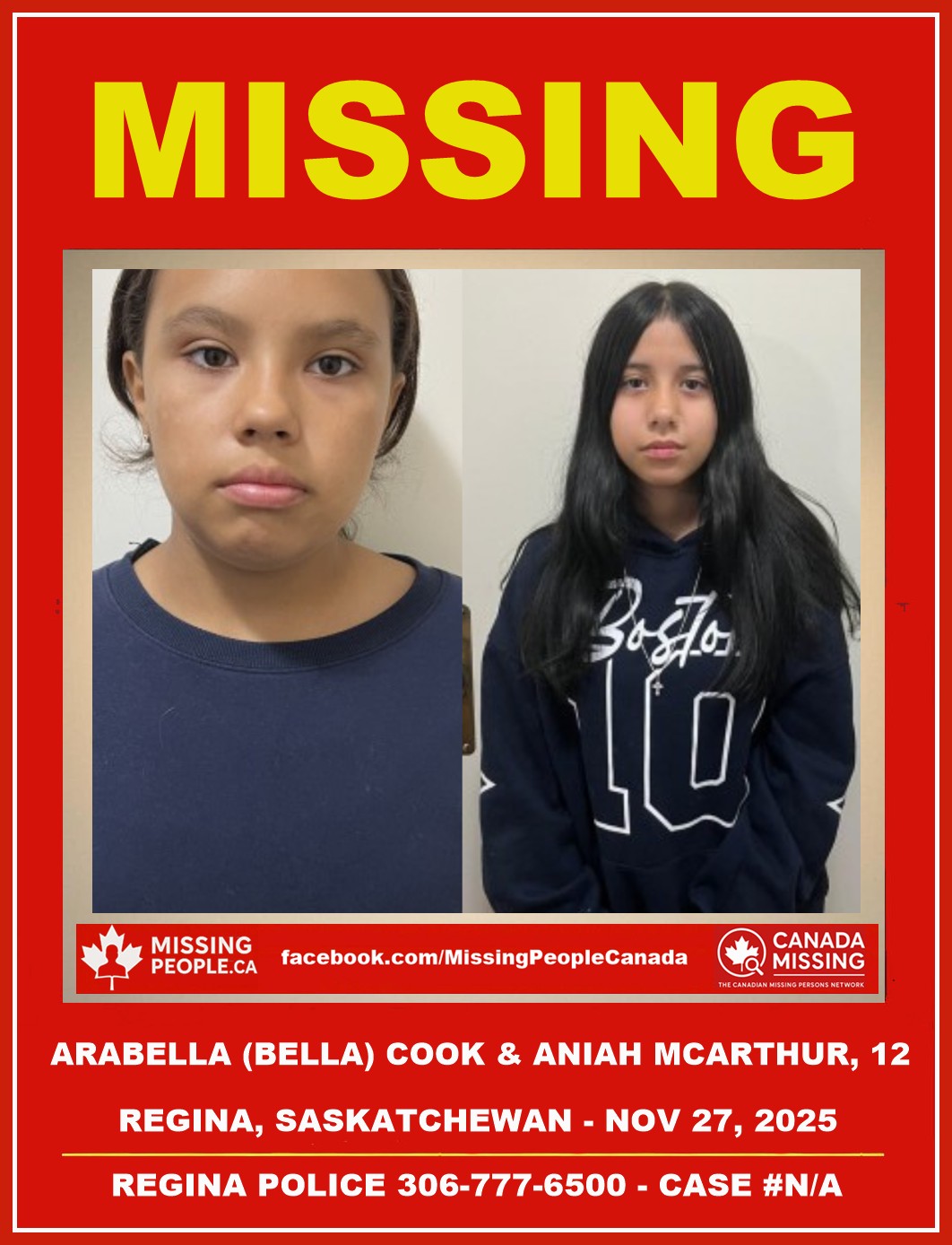 Photos of missing 12-year-old girls Arabella (Bella) Cook and Aniah McArthur from Regina, Saskatchewan.
