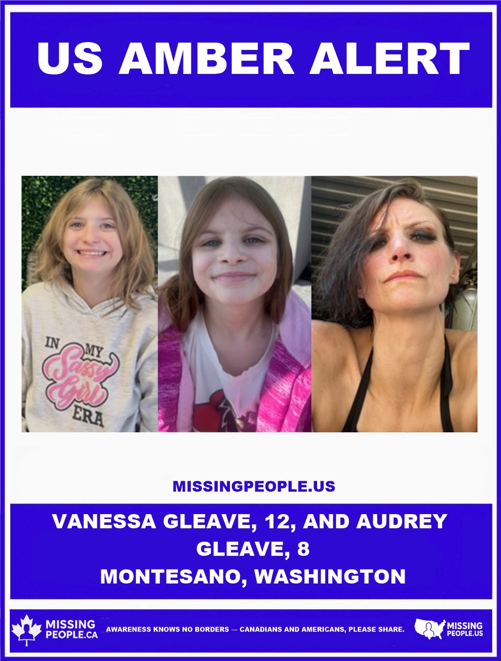 Photos of missing girls Vanessa Gleave, age 12, and Audrey Gleave, age 8, from Montesano, Washington.