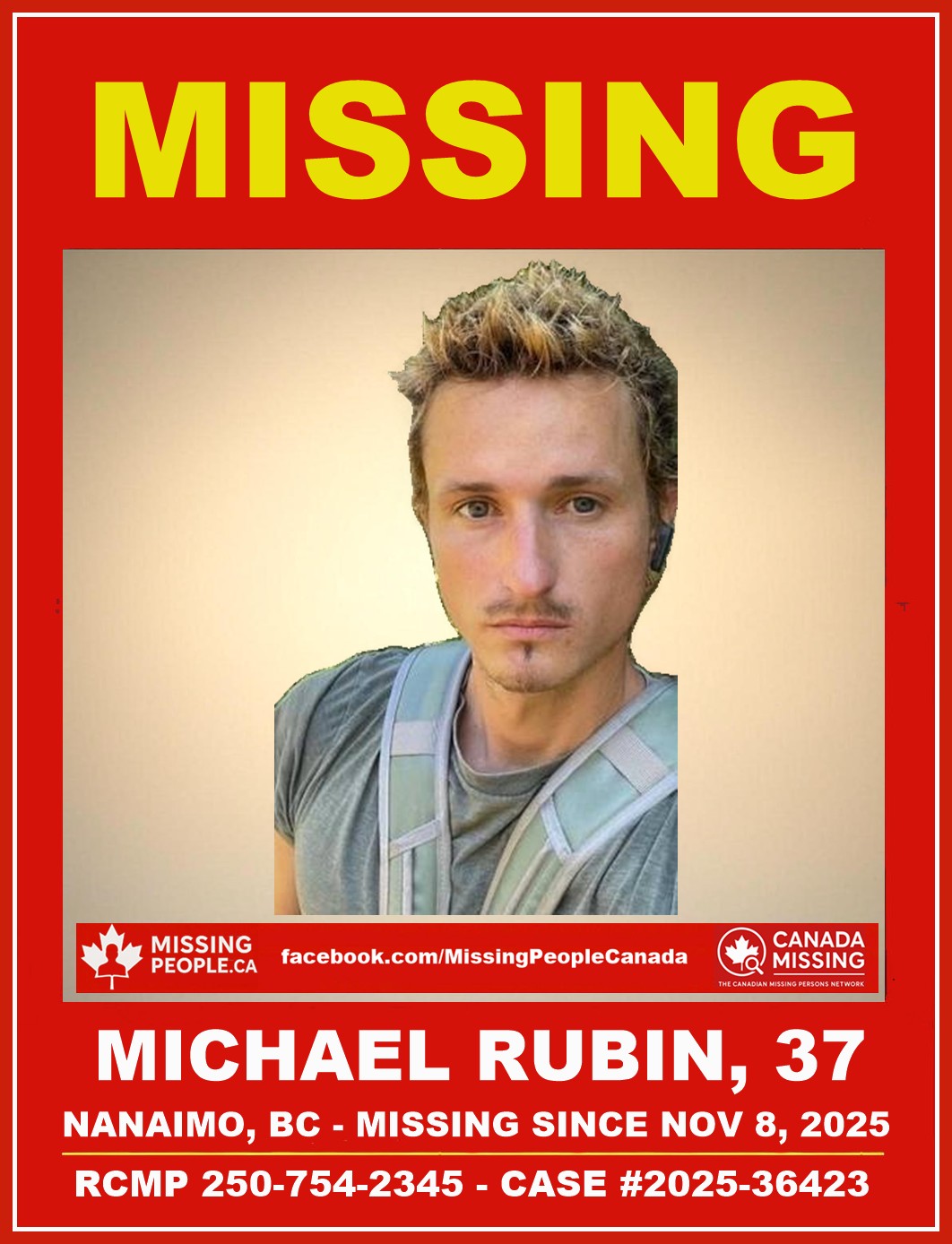 Photo of missing man Michael Rubin, age 37, short blonde hair, blue eyes, from Nanaimo, British Columbia.