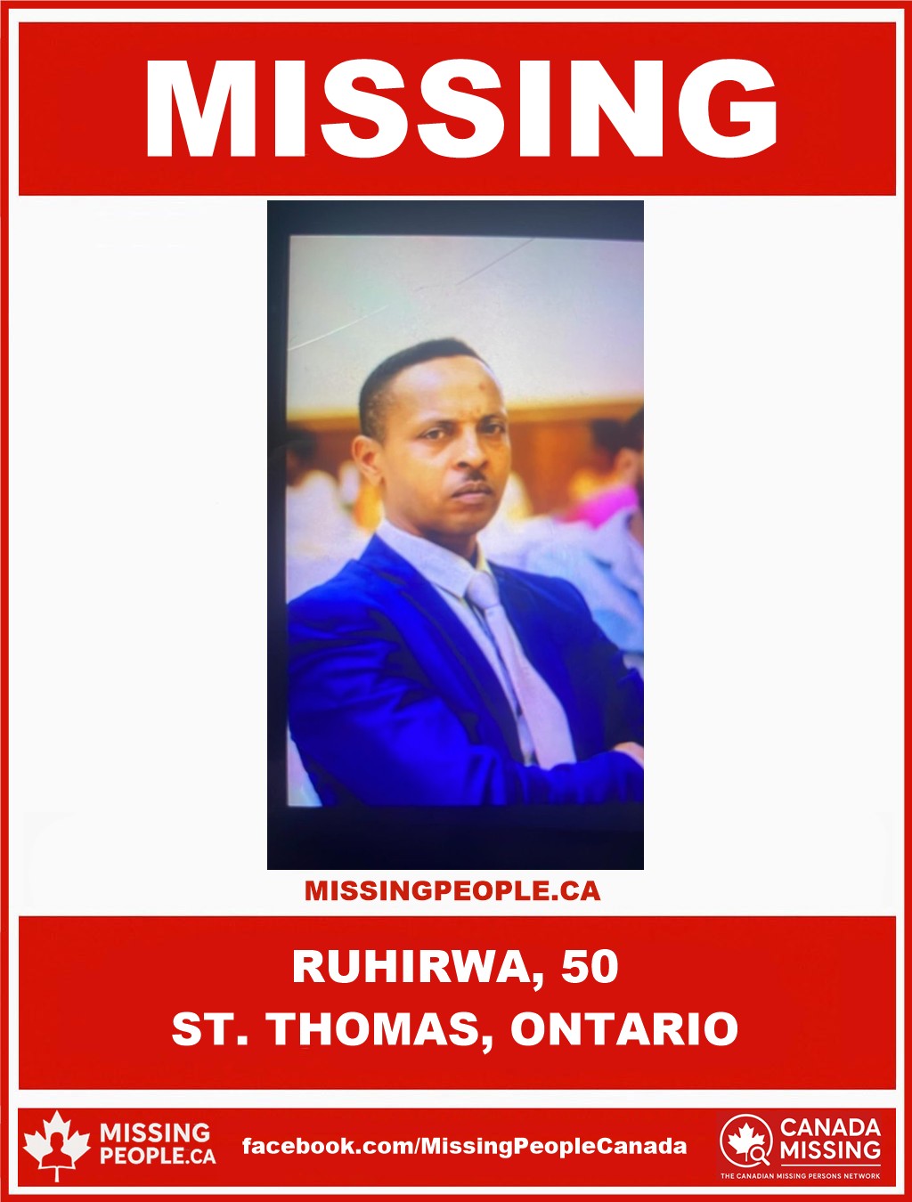Photo of missing man Ruhirwa, age 50, from St. Thomas, Ontario.
