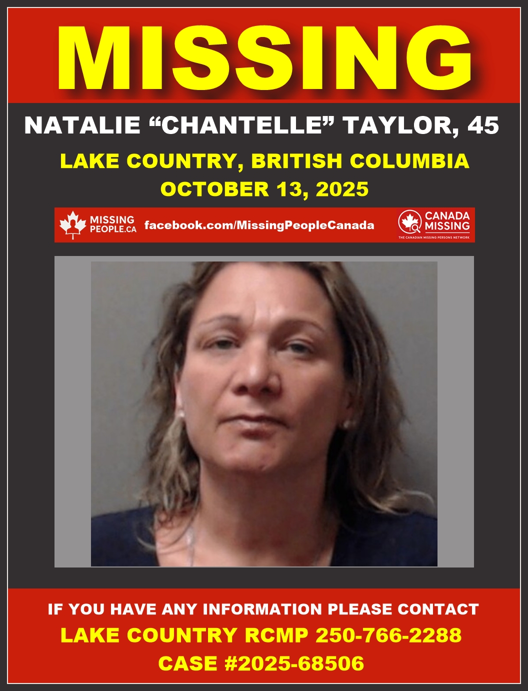 Photo of missing woman Natalie "Chantelle" Taylor, age 45, from Lake Country, British Columbia.