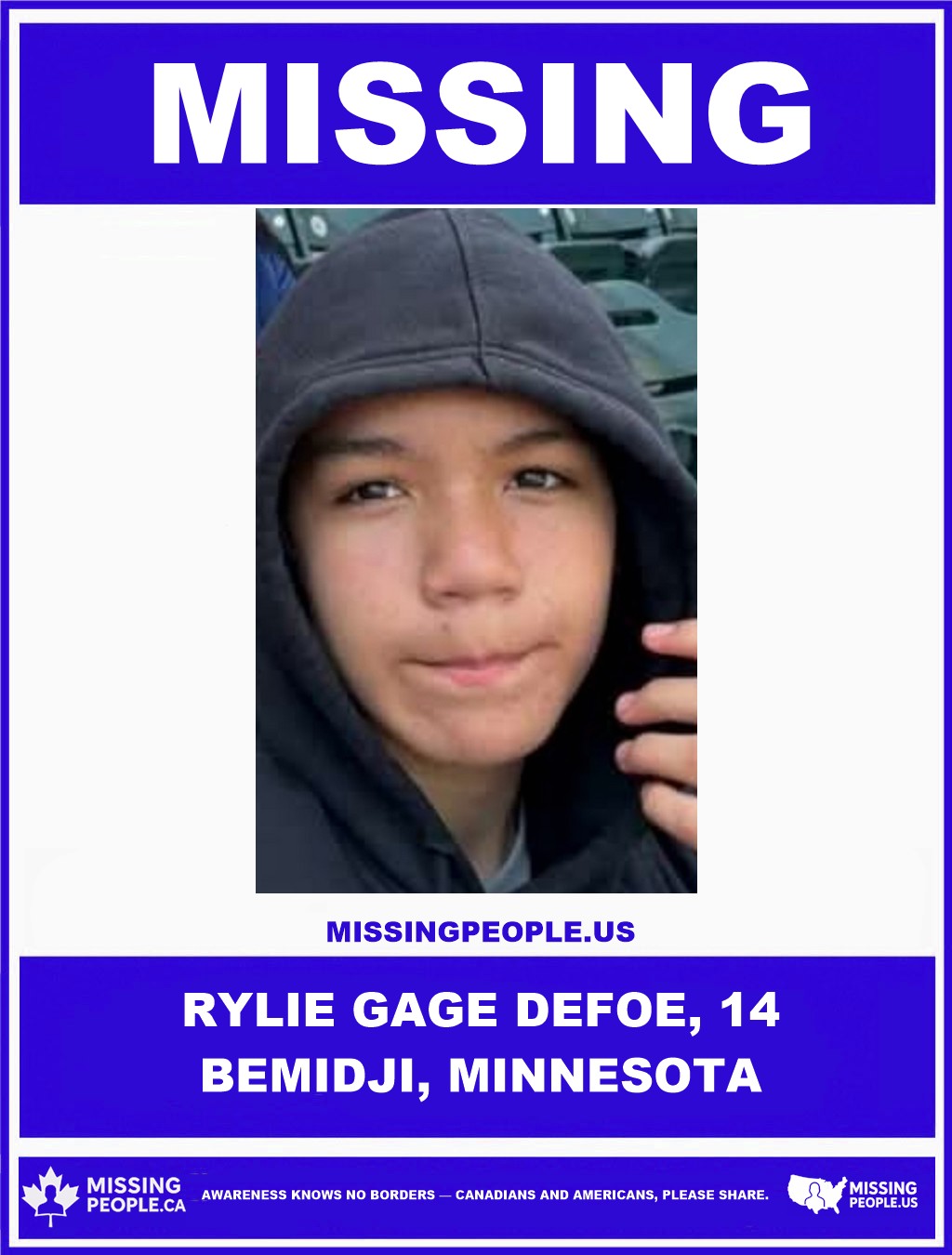 Photo of missing boy Rylie Gage Defoe, age 14, from Bemidji, Minnesota.