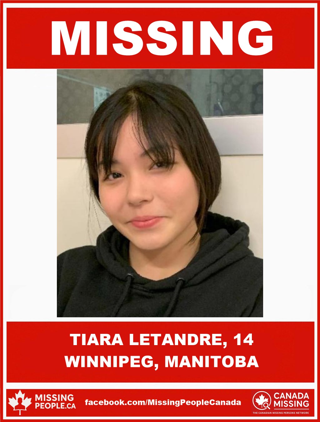Photo of missing girl Tiara Letandre, age 14, from Winnipeg, Manitoba.