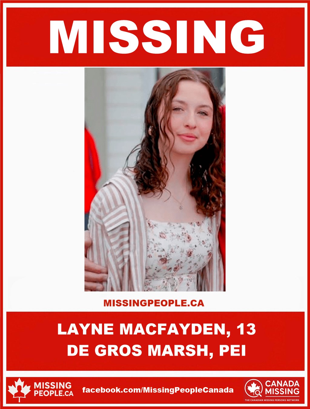 Photo of missing youth Layne MacFayden, 13, from Charlottetown, Prince Edward Island.