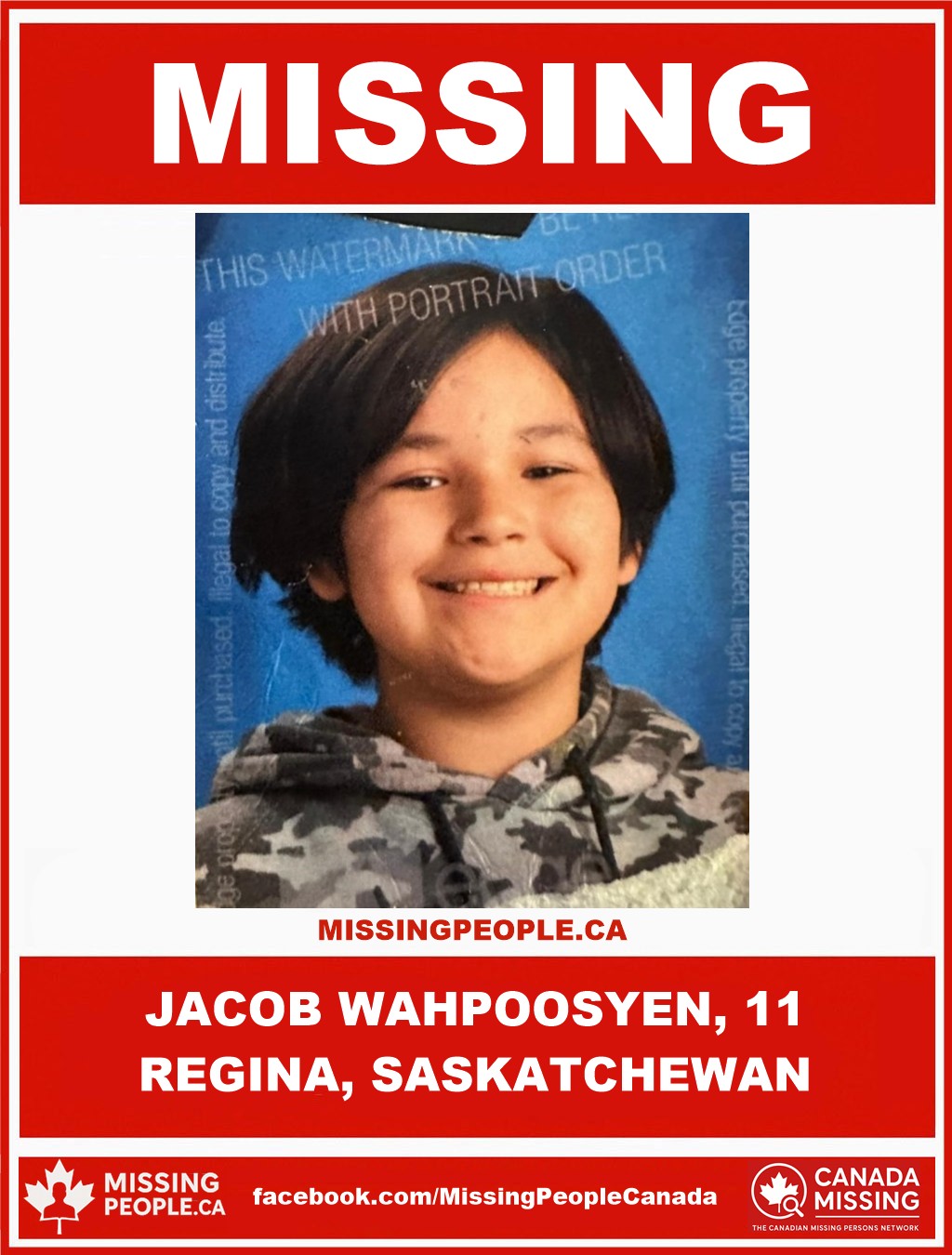 Photo of missing boy Jacob WahpoosyEN, age 11, from Regina, Saskatchewan.