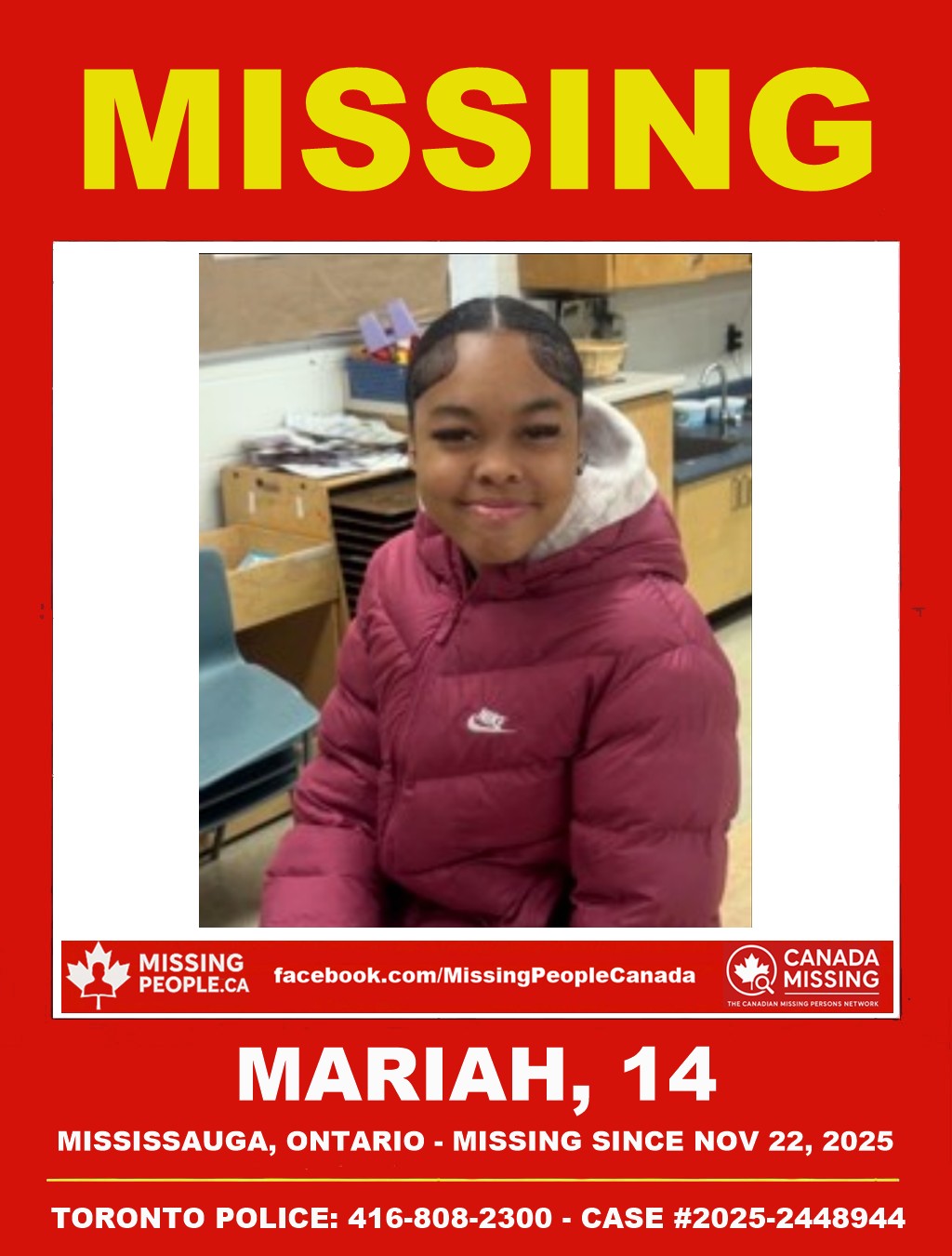 Photo of missing youth Mariah, age 14, from Mississauga, Ontario.