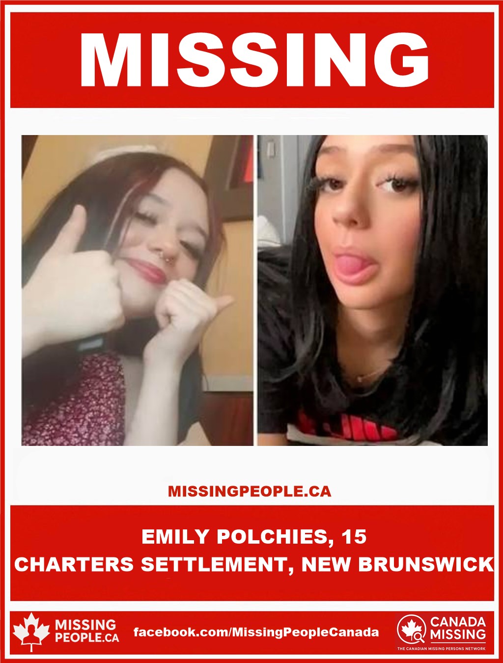 Photo of missing girl Emily Polchies, 15, from Charters Settlement, New Brunswick.