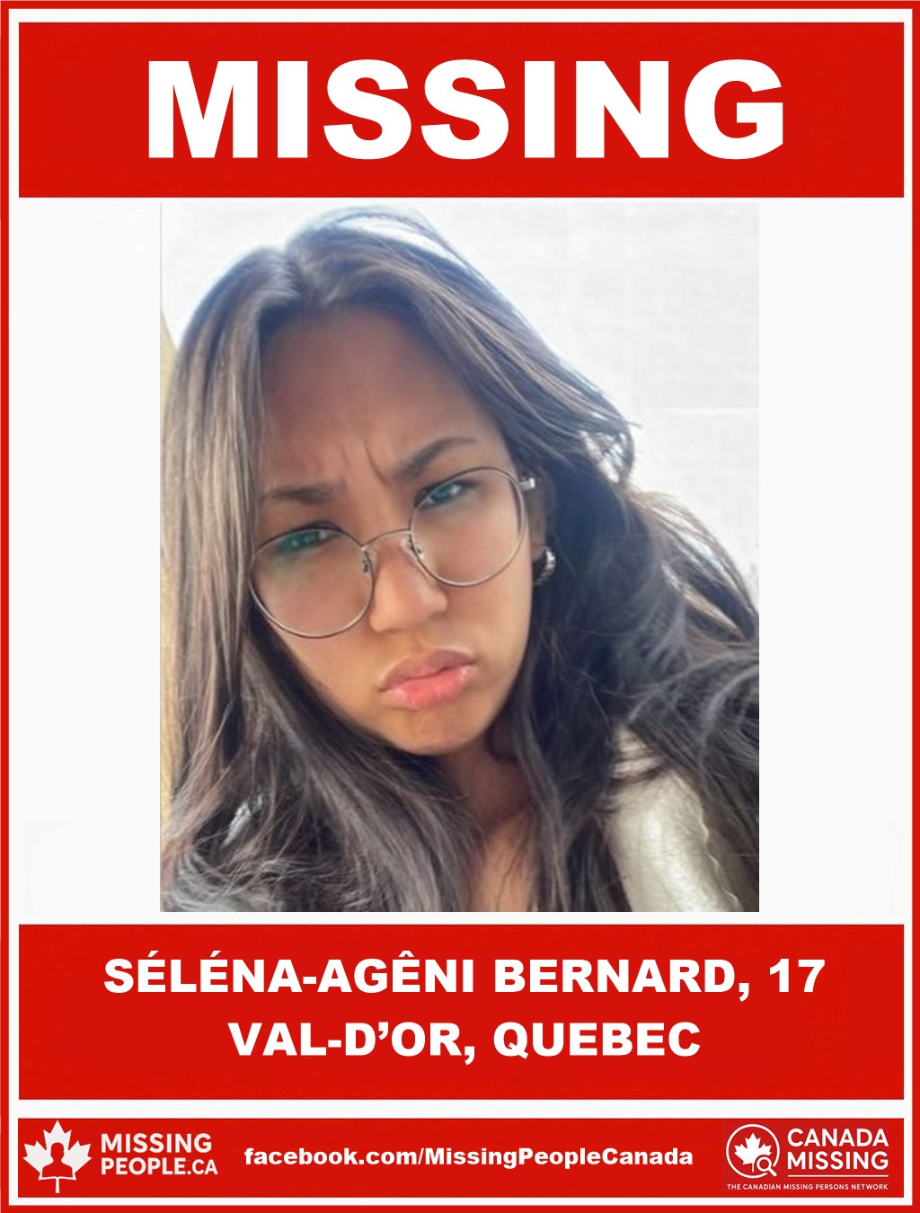 Photo of missing girl Séléna-Agêni Bernard, age 17, from Val-d’Or, Quebec.