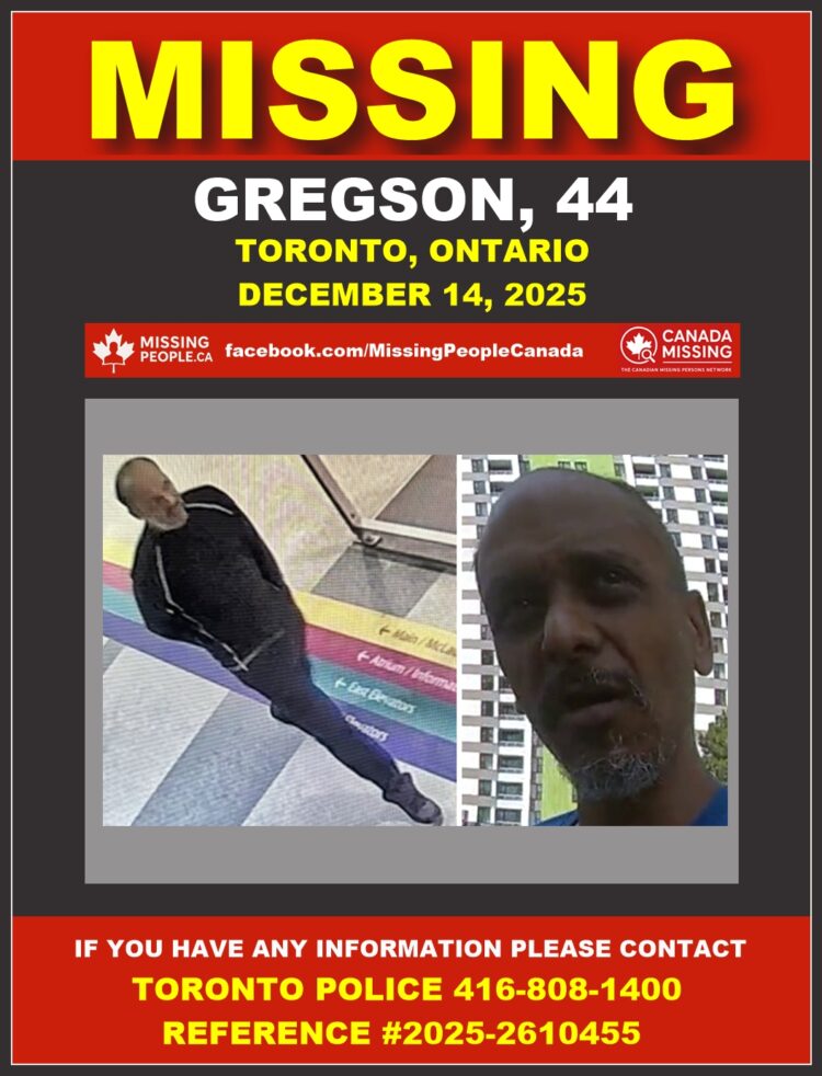 Photo of missing person Gregson, age 44, from Toronto, Ontario.