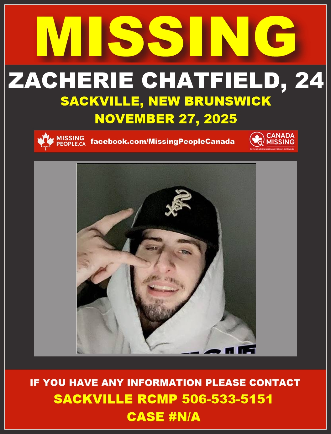 Photo of missing man Zacherie Chatfield, age 24, from Sackville, New Brunswick.