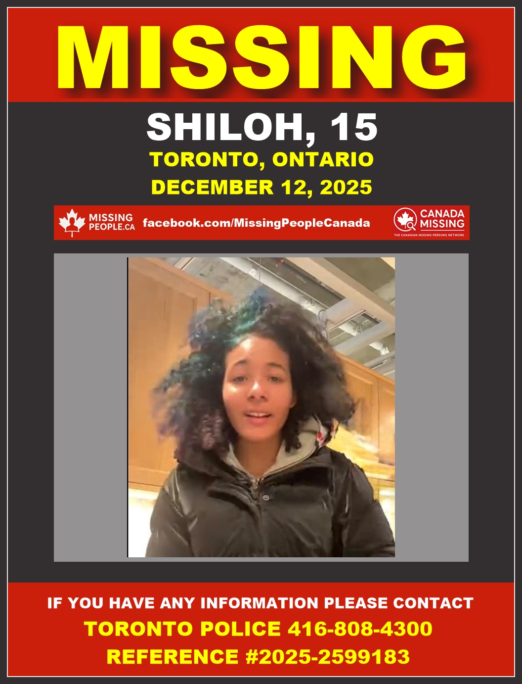 Photo of missing youth Shiloh, age 15, from Toronto, Ontario.