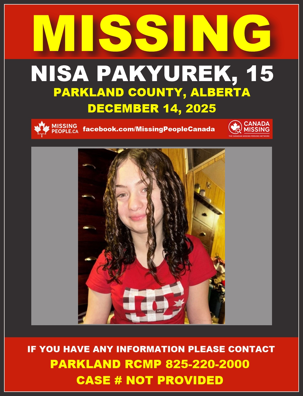Photo of missing female teen Nisa Pakyurek, age 15, from Parkland County, Alberta