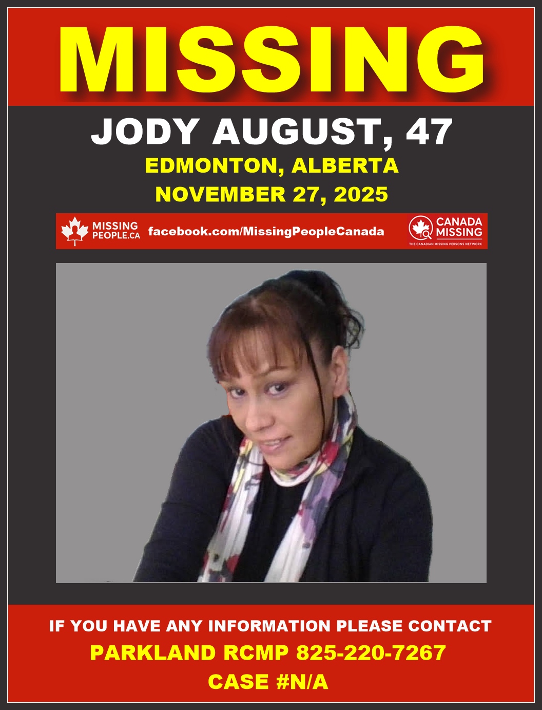 Missing woman Jody August, 47, long brown hair, brown eyes, last seen in Edmonton, Alberta