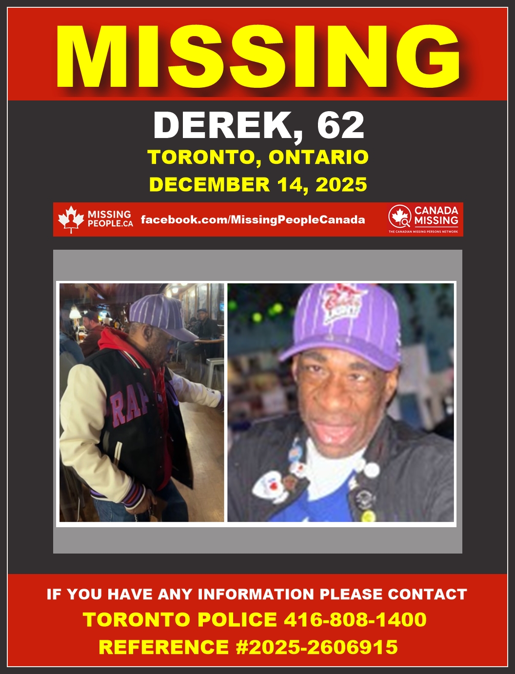 Photo of missing person Derek, age 62, from Toronto, Ontario.