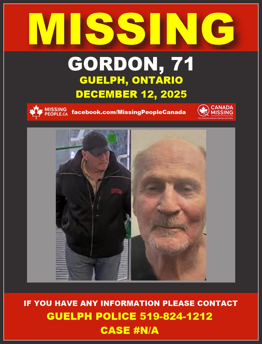 Photo of missing senior man Gordon, age 71, from Guelph, Ontario.