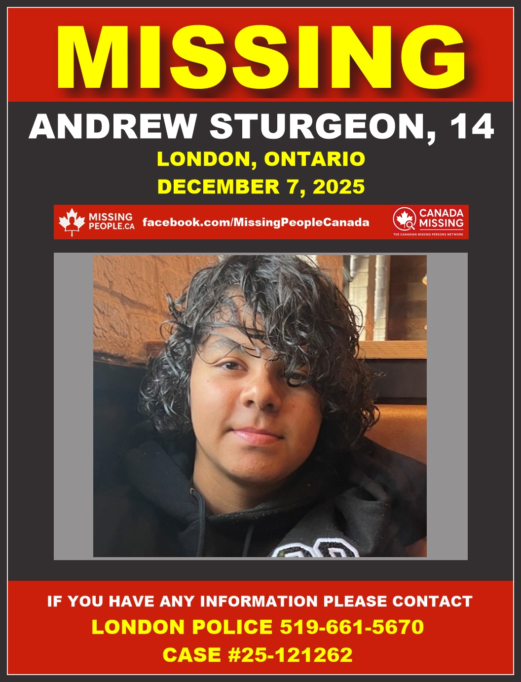 Photo of missing Indigenous male teen Andrew Sturgeon, age 14, from London, Ontario.