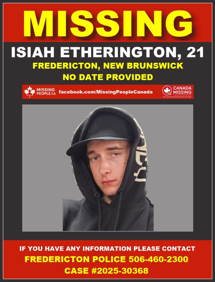 Photo of missing man Isiah Etherington, age 21, from Fredericton, New Brunswick.