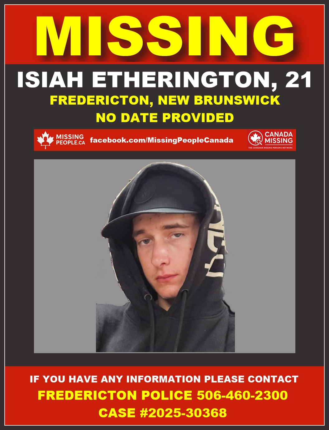 Photo of missing man Isiah Etherington, age 21, from Fredericton, New Brunswick.
