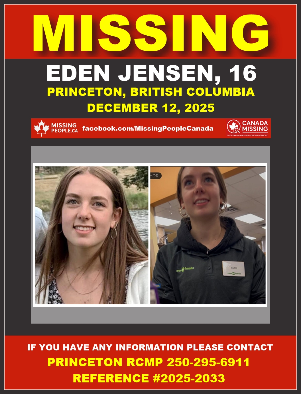Photo of missing female teen Eden Jensen, age 16, from Princeton, British Columbia.