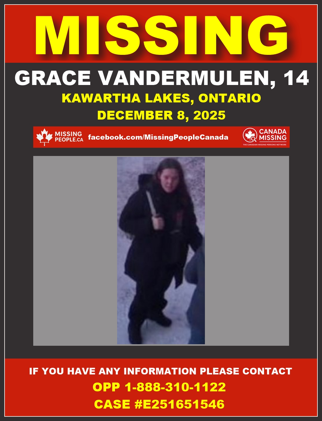 Photo of missing female teen Grace Vandermulen, age 14, from Kawartha Lakes, Ontario